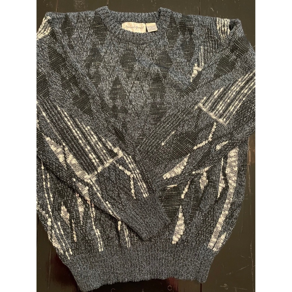 Michael Gerald Men's Large Abstract Pattern Crew Neck Sweater Blue Gray Black